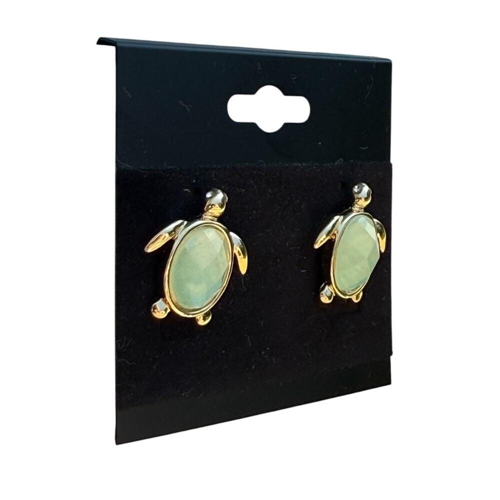 MONET Sea Turtle Post Earrings Aqua Minet Faceted Glass Gold Tone Modern Beach - Picture 7 of 7